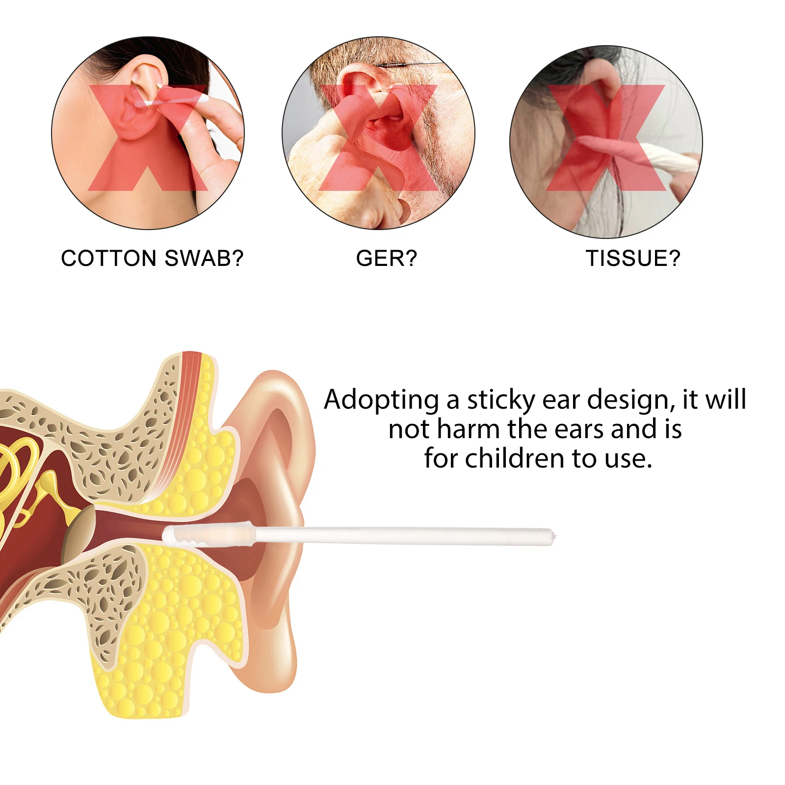 Ensemble d'outils de nettoyage de cire d'oreille, Kit de bâton d'oreille, ramassage adhésif jetable, sûr pour adultes, nettoyage en profondeur, réutilisable