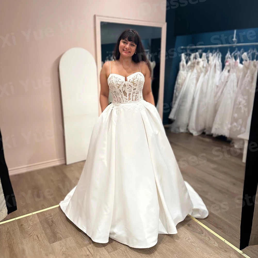 Elegante A-Linie Brautkleider für Damen, Spaghettiträger, Vestidos De Novia, Brautkleider, individuelle Spitzenapplikationen, Hochzeitskleid