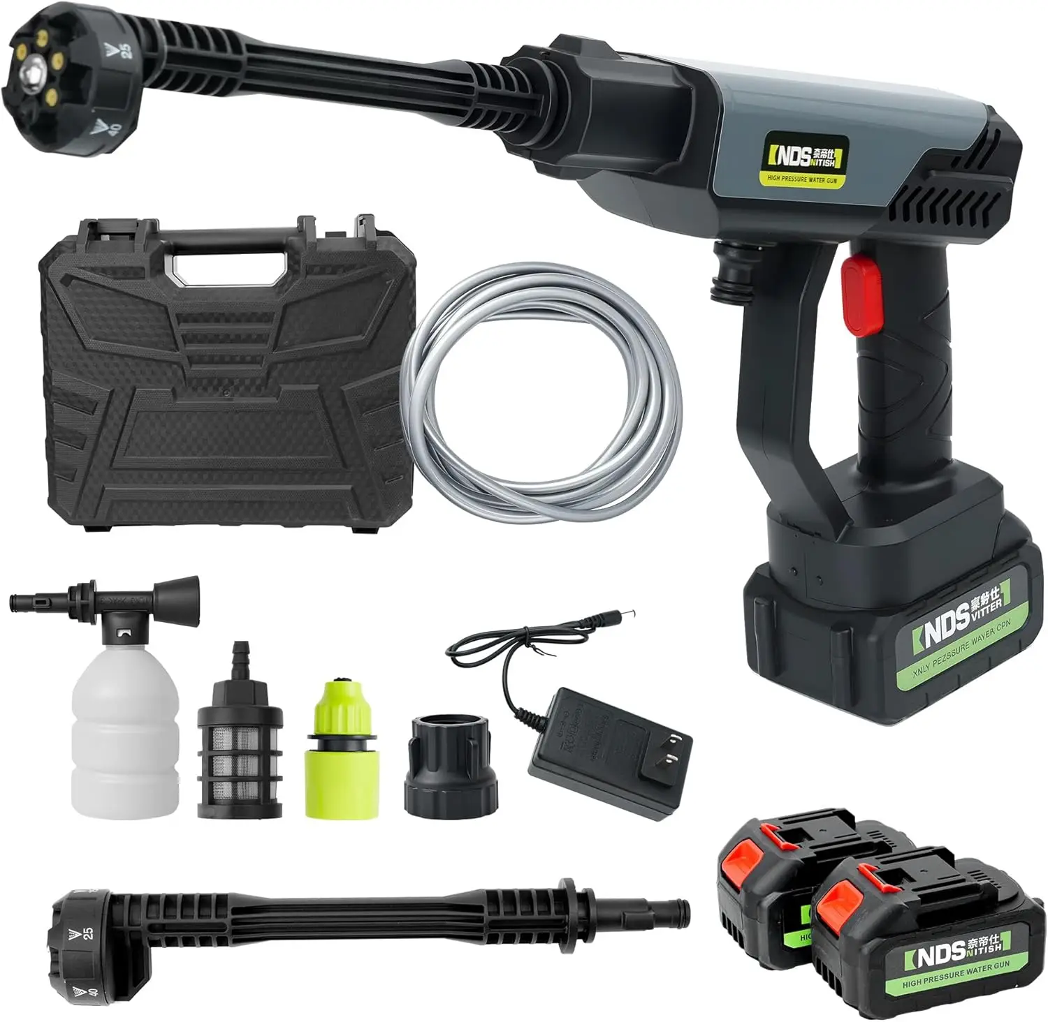 

Electric Portable High Pressure Washer 6-in-1 Smart Nozzle, 360° Adjustable, 27ft Spray, Dual Battery, TPE Filter Car Wash Kit