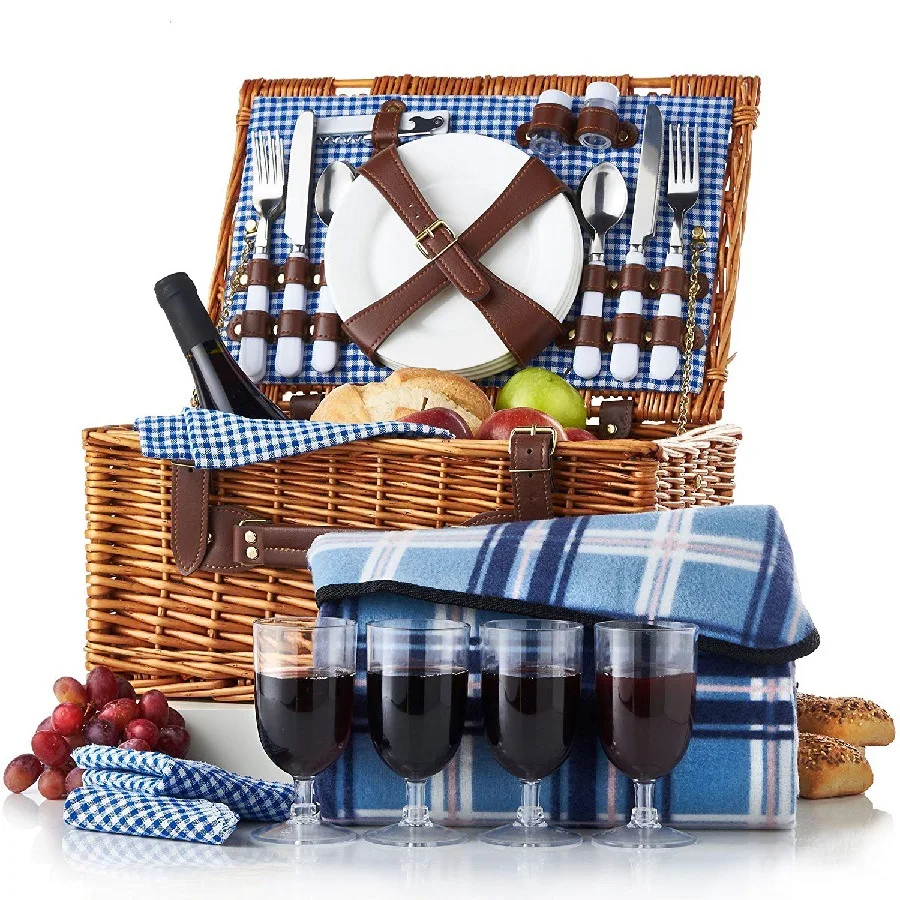 Cesta de picnic de mimbre con marco de ratán personalizada para comercio exterior, con bolsa térmica para dos o cuatro personas.