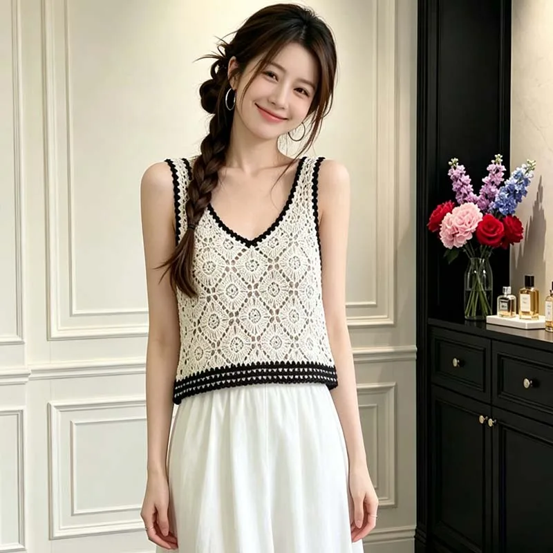 Boring Honey Vintage Argyle Crochet Hollow Out Cami Top Women Summer V-Neck Crop Tank Top Sleeveless Layering Vest Fashion Tops