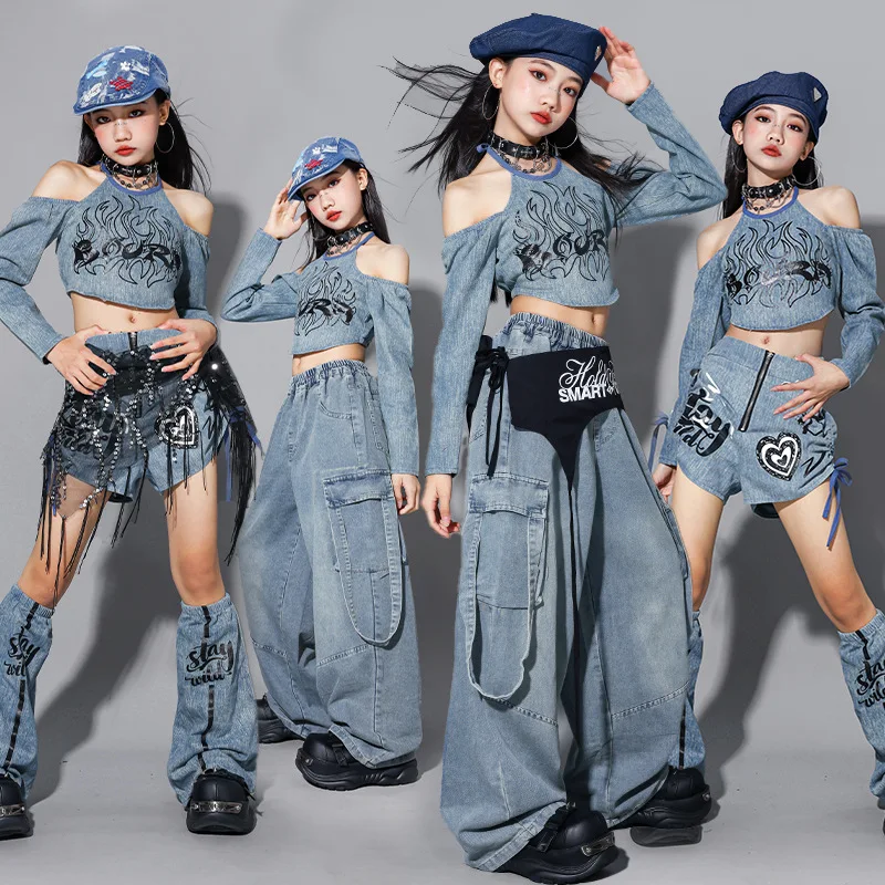 Girls K-pop Print Crop Top Cargo Pants Dance Joggers Kids Hip Hop Streetwear Costume Children Jazz Girl Group Clothes Sets