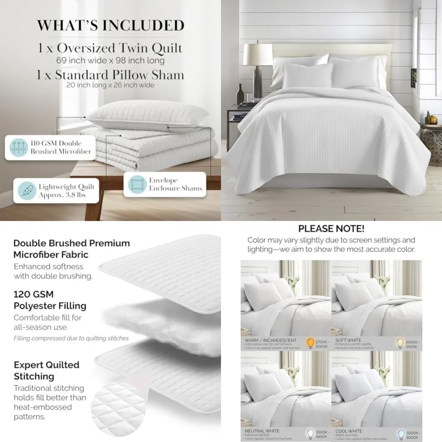 

XL Twin Quilt Set, Microfiber Quilted Bedspread, White Bedding Coverlet wPillow Sham, Pet Hair Resistant Bedding Coverlet Set,