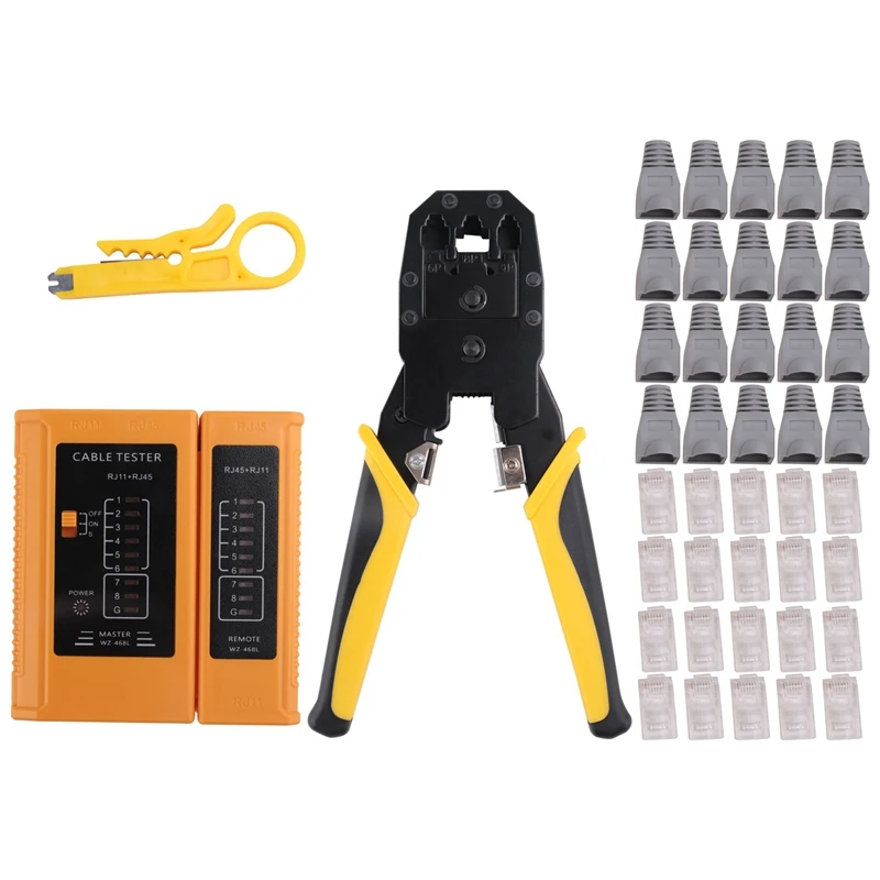 RJ45 Crimp Tool Kit With 20PCS Cat5 RJ45 Connectors, 20PCS Strain Relief Boots, 1 Mini Wire Stripper 1 RJ45 Cable Tester