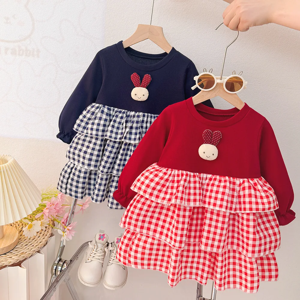 Korean Children's Long Sleeve Dress Baby Autumn Fashion New Round Neck A-line Plaid Cake Dresses Sweet Girls' Red Princess Dress