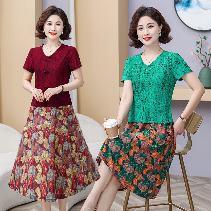 

Retro Ladies Dress Elegant Buckle V-neck Flower Short Sleeve Midi Dress for Womens Office Lady Floral Dress