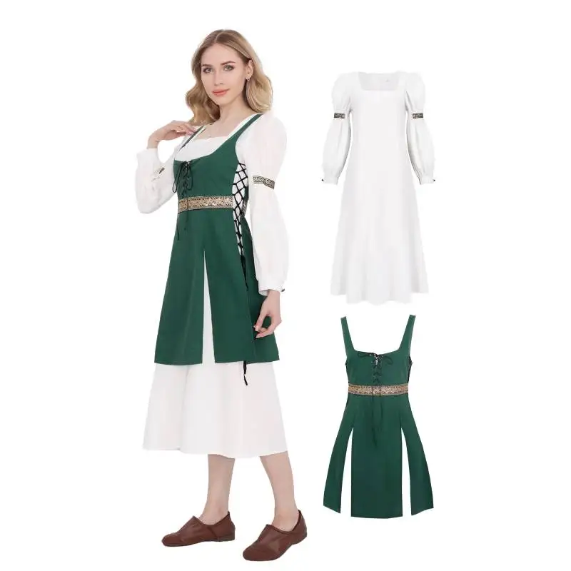 

DAZCOS Medieval Dress Womens Renaissance Victorian Corset Skirt Retro Linen Green Ren Faire Outfit Halloween Cosplay Costume