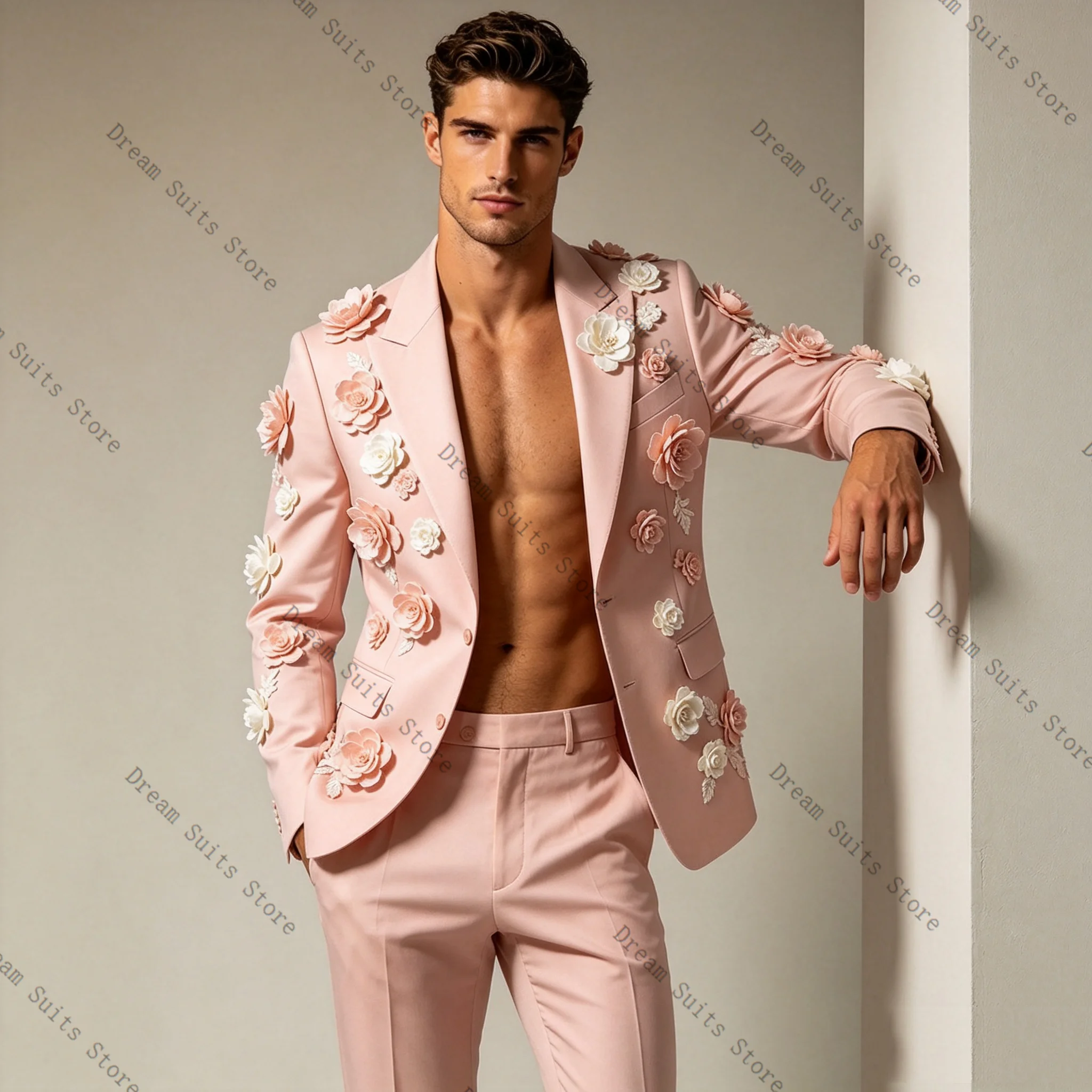 

Luxury Pink Men Suit Set 2 Pcs Blazer+Pants Trousers 3D Flower Customized Cotton Formal Office Jacket Wedding Tuxedos Prom Coat