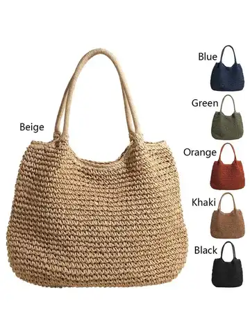 Women Straw Bag Tote Handbag Large Capacity Vintage Shoulder Bag Solid Color Simple Weaving Handbag Ladies Summer Daily Bag