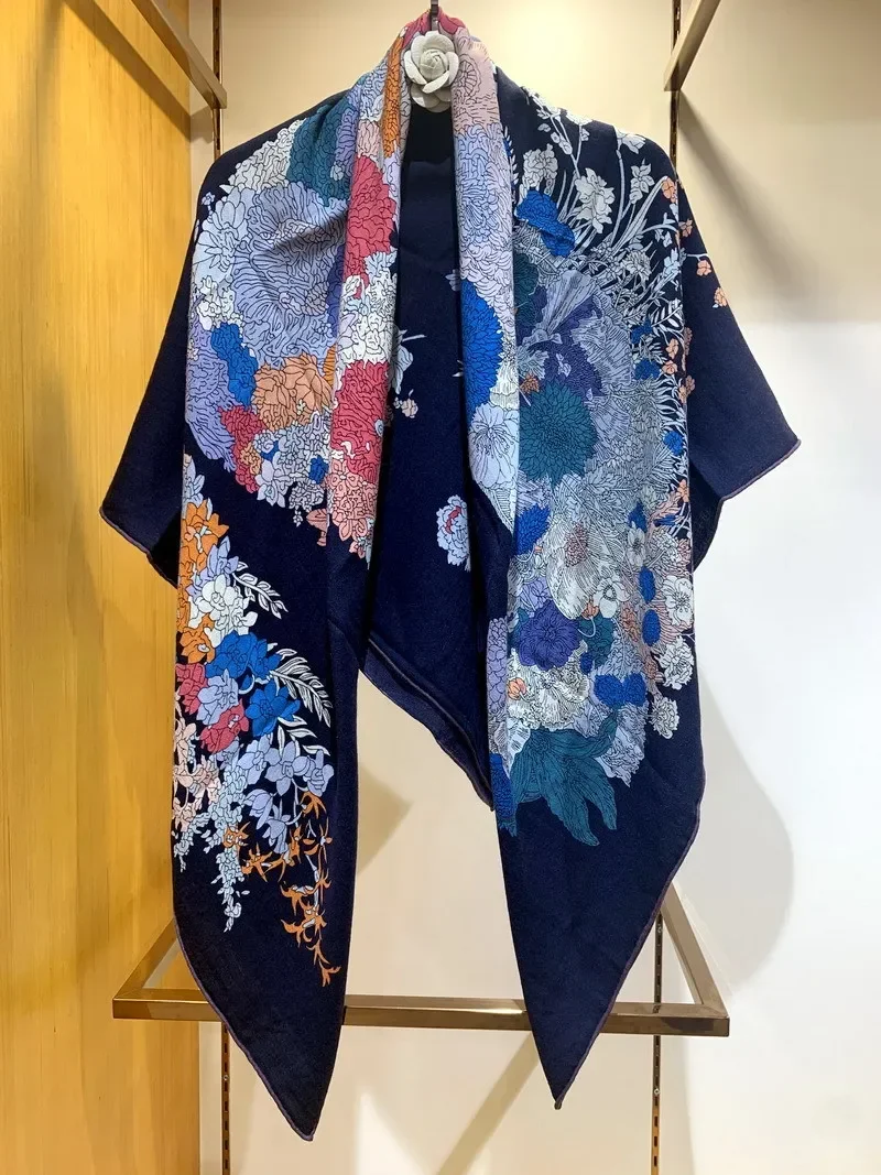 high-end-elegant-women's-beautiful-floral-dress-horse-print-quality-silk-wool-fine-hand-rolled-edge-large-square-scarf-shawls