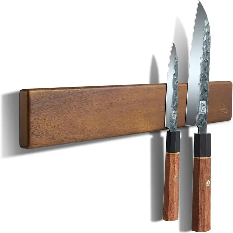 

16in Magnetic Knife Strip & Rack, No-Drill Walnut Wood Knife Holder for Kitchen Utensils, Refrigerator Mount, Strong Magnet Bar