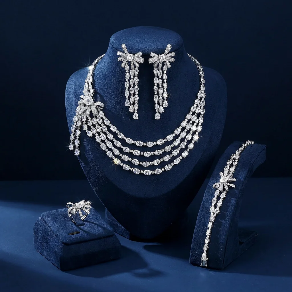 Bride Talk Dubai Luxury Bridal Jewelry Set - Multi-strand Zircon Bow Knot Necklace Earrings Bracelet Ring 4PCS Wedding Accessory