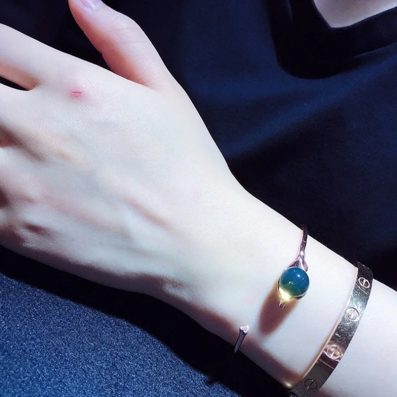 Golden Branch Jade Leaf 10mm Mexican Blue Amber Inlaid S925 Silver Bracelet Vacuum Electroplating Two Colors