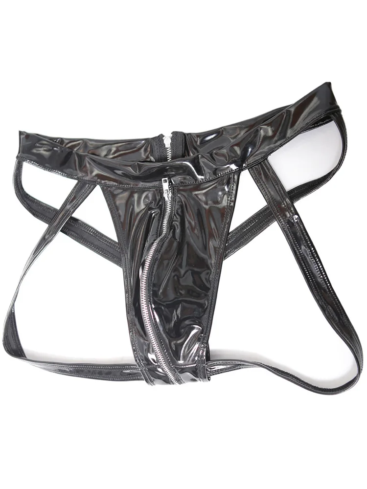 S-3XL Wet Look PVC Convex Pouch Mens Bikini Briefs Shiny PU Leather Zipper Open Crotch Jockstrap Slips Sexy Calzoncillos Ropa