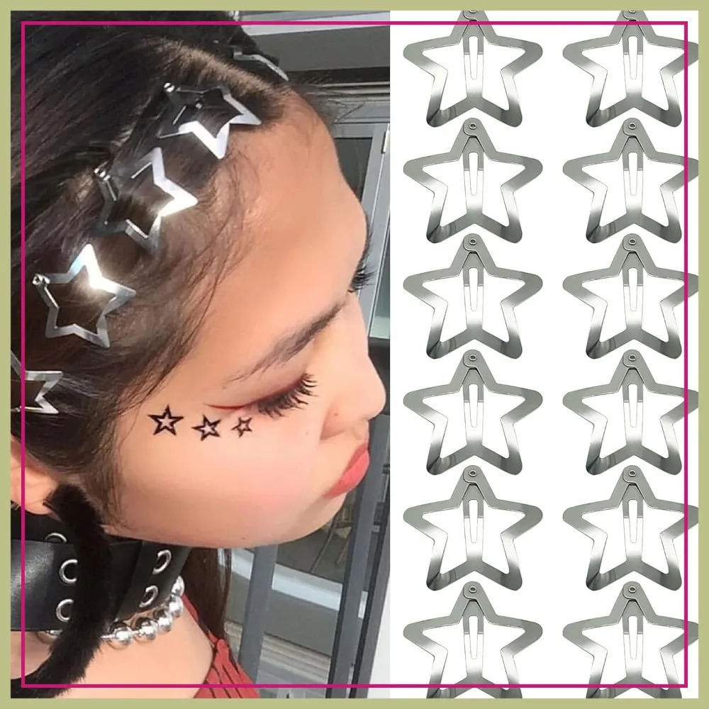 12 Pcs 1.61 Inch Silver Star Hair Clips Non-Slip Snap Barrettes for Women Y2K Hair Accessories