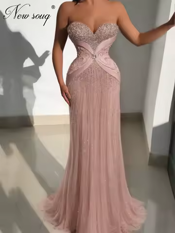 New Elegant Strapless Evening Dresses Pink Beading Crystals Women Prom Dress Customized Wedding Guest Gowns Robes Party Dress