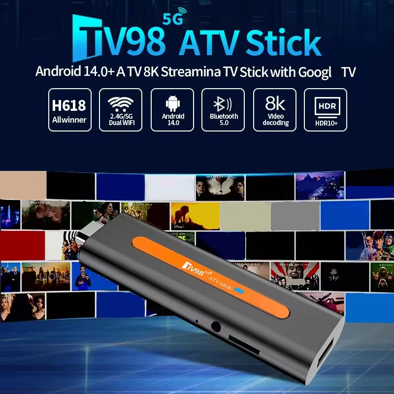 TV98 ATV H618 جهاز استقبال للتليفزيون Allwinner H618 رباعي النواة يدعم 8K فيديو 4K Wifi6 BT5.0 أندرويد 14 صوت ذكي عن بعد PK TV98 ATV Stick