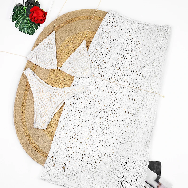 Sexy White Lace 3 Pieces Bikinis 2025 Women Swimsuit Swimwear Long Sarong Cover Up Bikini Set Beachwear Bathing Suit Swimming