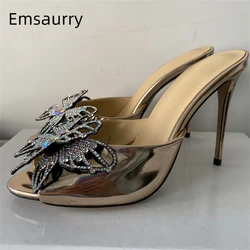 Jeweled Vivid Butterfly-Flower Decor Sandals Women 10cm Stiletto Heel Slingbacks Luxury Patent Leather Summer Shoes