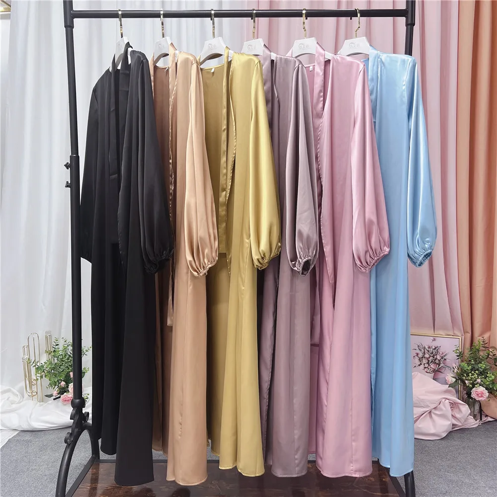 Eid Ramadan Open Abaya Satin Kaftan Dubai Turkey Kaftan Women Kimono Cardigan Muslim Maxi Dress Islam Jalabiya Robe Kebaya Gown