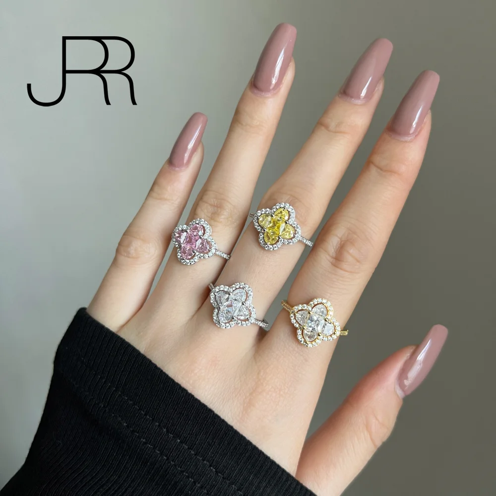 JRR Luxury Solid 925 Sterling Silver Four Leaf Clover Gemstone Diamond Engagement Wedding Bands Rings With Bling Moissanite