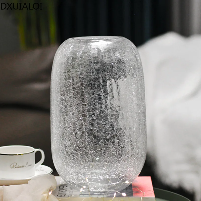 DXUIALOI Ice Cracked Glass Vase Transparent Glazed Light Vase Living Room Desktop Flower Arrangement Decoration Home Decoration