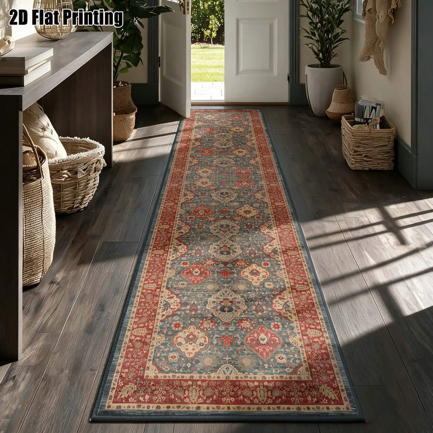 1Pc 2D Printed Striped Rug: Blue-Grey Floral Geometric Pattern, European/Vintage/Bohemian & Simple Geometric Styles, Multi-Size Machine-Washable Home Decor Rugs for Entryway, Hallway, Living Room, Bedroom