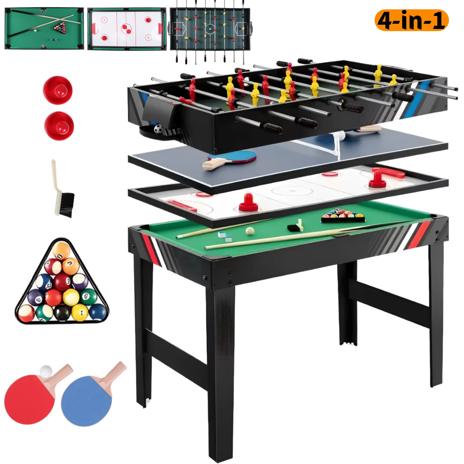 

4-in-1 Multi Game Table Combination Game Table Set Combo Games Table for Home Game Room w/Soccer Billiards Tabletop Tab Kids Ad