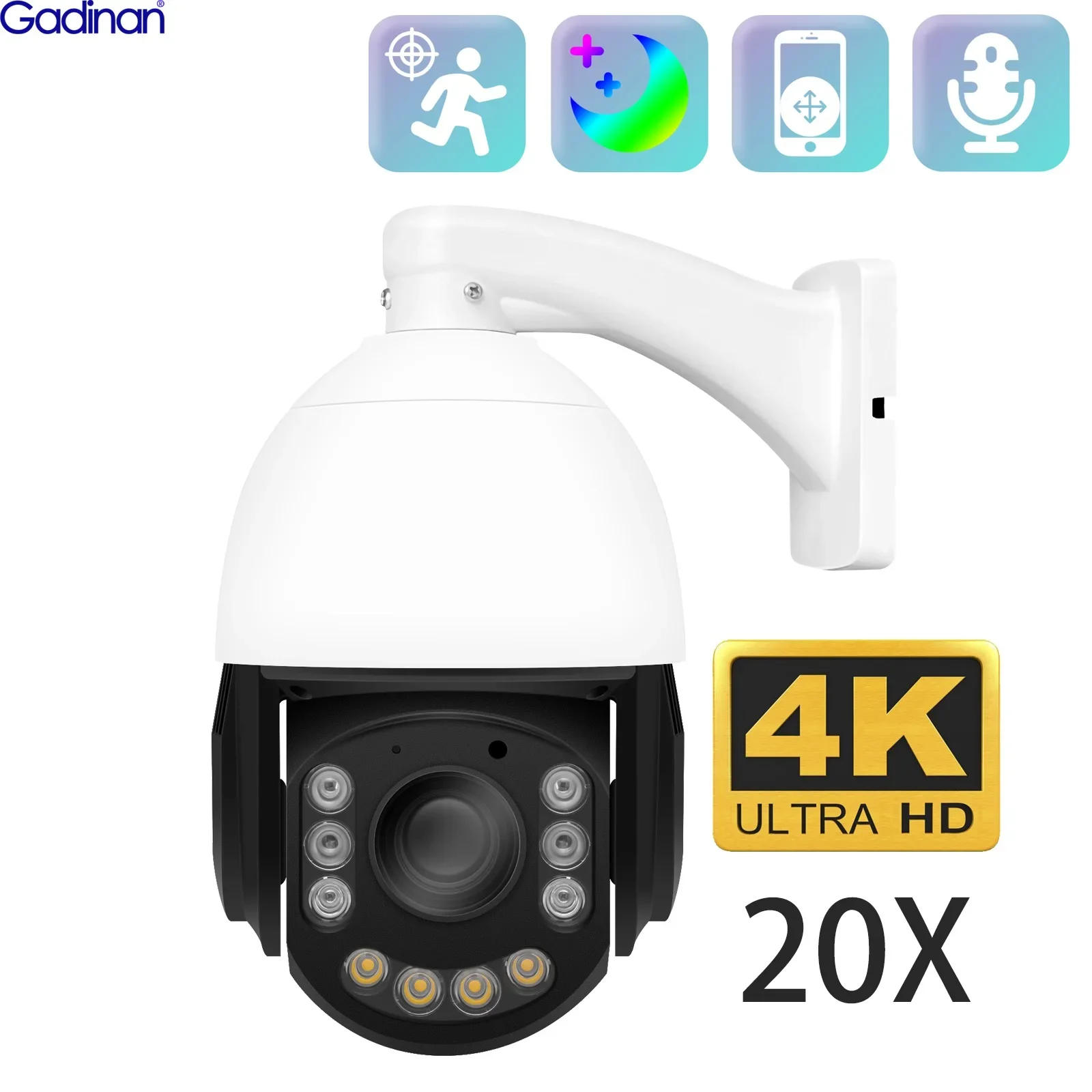 Gadinan 8MP PTZ 20X Optical Zoom IP Camera IMX415 Outdoor Color Night Video & One-Way Audio Surveillance Motion Detection 4K