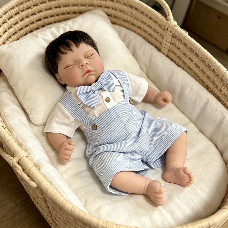 

48cm Sleeping Boy Doll Peaches in Soft Cotton Body Silicone Reborn Handmade Doll with Hand Rooted Hair
