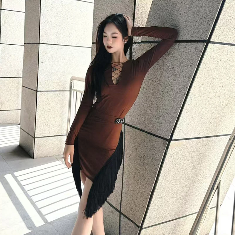 

New Latin Dance Clothing Women Long Sleeves Tops Fringe Skirt Long Sleeves Brown Dress Rumba Smaba Tango Dance Costume DNV24672