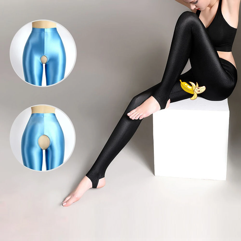 

Nightclub Outdoor Sex Open Crotch Leggings Women Peach Hip Push Up Erotic Pants Glossy Tight Trousers Yoga Fitness Silk Socks