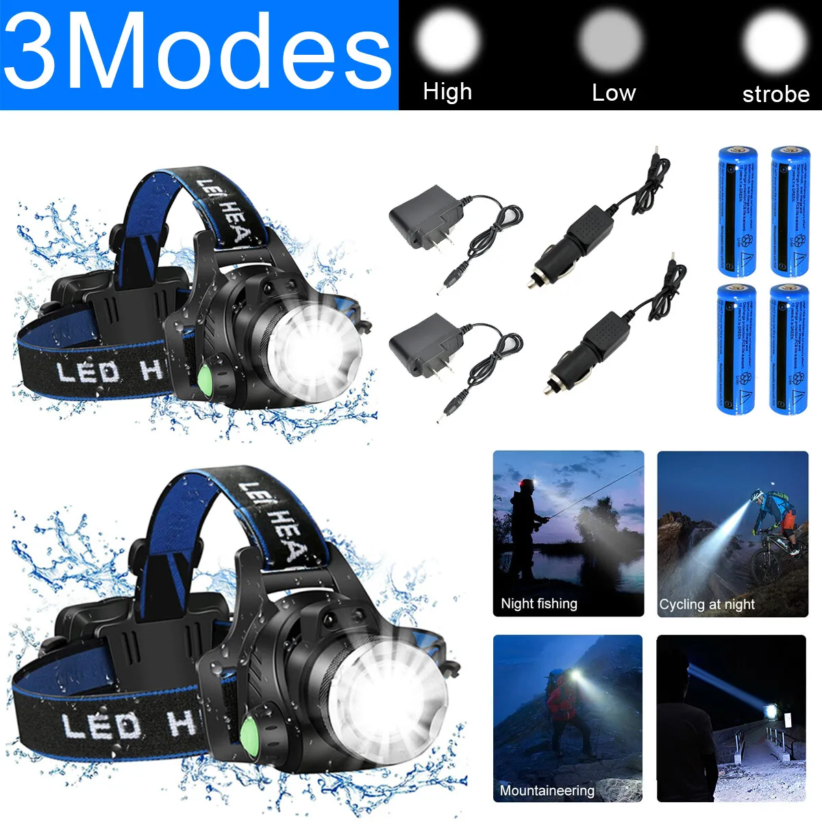 

(2 шт.) Перезаряжаемый светодиодный налобный фонарь для кемпинга, походов, работы + комплект с аккумулятором и зарядным устройством (доставка только через USPS)