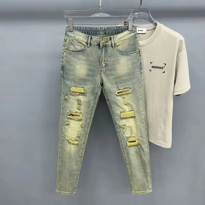 

Модные мужские джинсы с высокой талией, длинные брюки, облегающие, прямого кроя, в пол, с дизайнерскими прорезями, повседневные, молодежные, на все сезоны