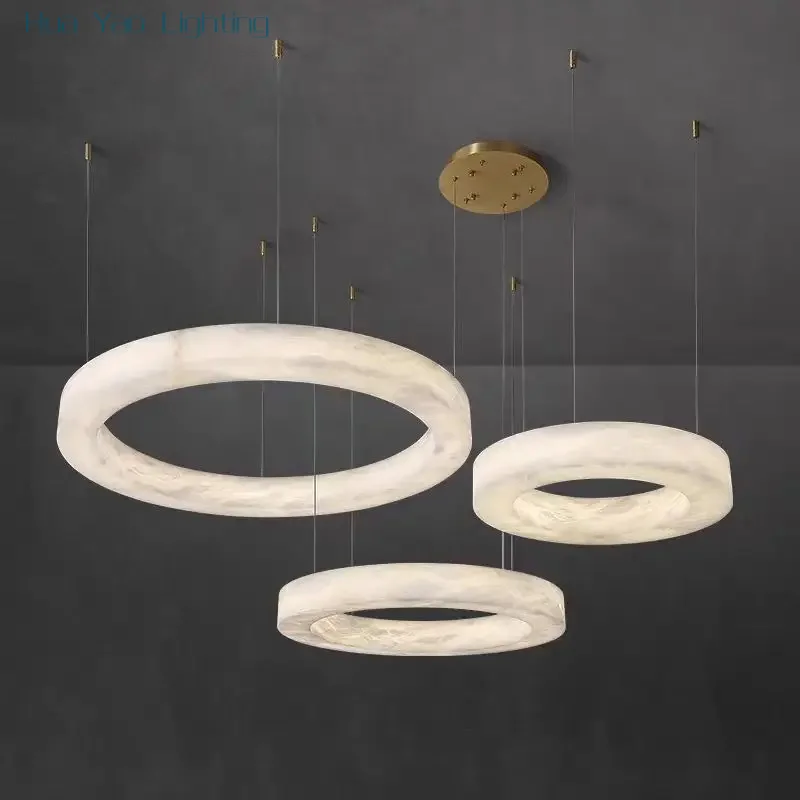 Simple Diameter 80cm Pure Natural Marble Luxury Decorative Pendant Light High-end Brass Metal Material Living Room LED Lighting