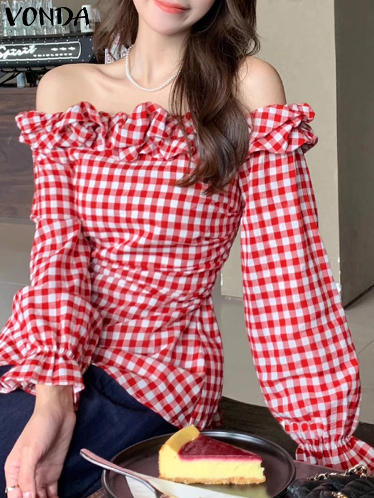 VONDA Casual Stripes Tops 2024 Women Sweety Off The Shoulder Blouses Fashion Lantern Long Sleeve Blusas Elegant Tunics Oversized