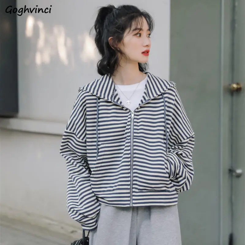 

Basic Jackets Women Striped Hooded Zipper Loose All-match Design Streetwear Chic Casual Cozy Korean Style Ulzzang Spring New Ins