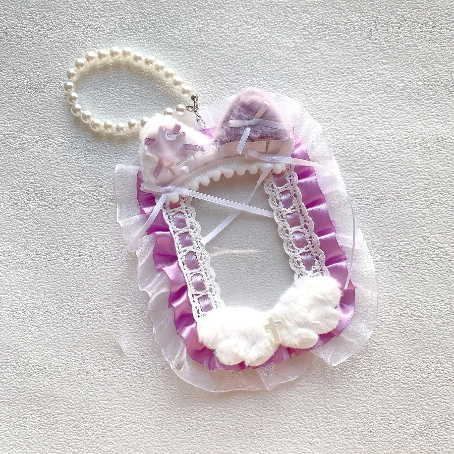 Cute Lace Photo Card Holder with Hanging Chain, Can Be Attached to a Backpack, 5-Color Small Card Holder Pendant, Bowknot Plush Cat Ears Angel Wings Handmade DIY Finished Product, Anime Cartoon Game Character Guka Card Holder, Fan Club Idol Support Collection B8 Small Card Polaroid Photo Display Storage Card Holder, Gumi Transparent Itabag Decoration Lolita Card Holder