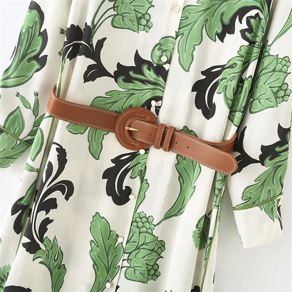 2024 Spring New Women's Casual Style Slim Flip Collar Long Sleeves with Belt Printed Shirt Style Dress