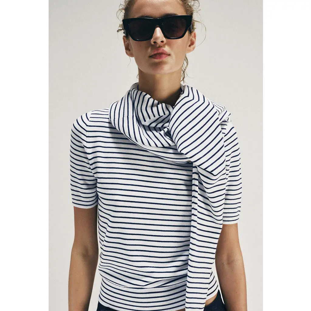 Spring Summer New Casual Style Women's Knitted Top with Button Shoulder Short Sleeve round Neck Striped Polyester Fiber