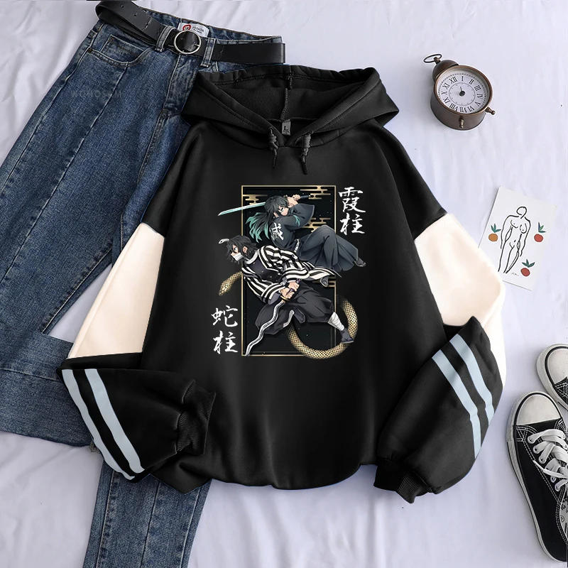 Cartoon Demon Slayer Iguro Obanai Patchwork Sweatshirts Manga Plus Size Autumn Winter Pullover Women Men Fleece Warm Hoodies