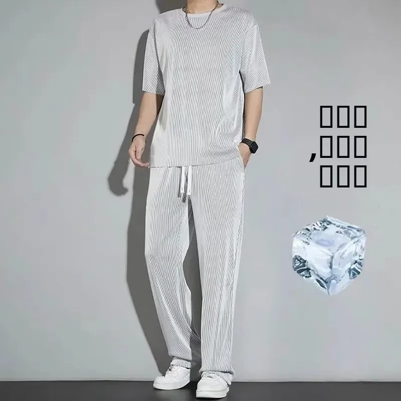 

Мужской летний спортивный комплект из ледяного шелка: тонкие повседневные брюки и быстросохнущая футболка с коротким рукавом, струящаяся одежда для молодежи