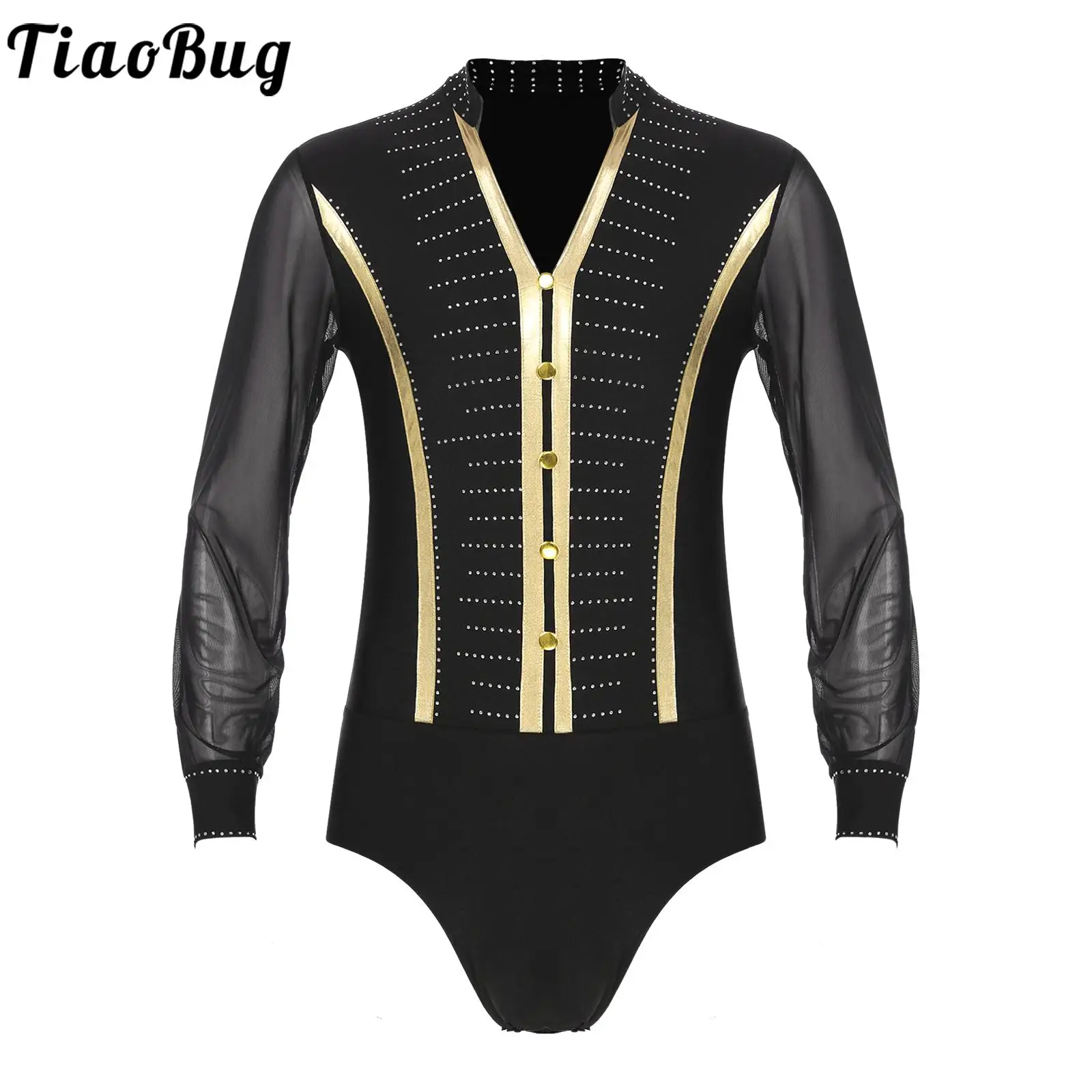 Mens Mesh Long Sleeve Leotard Ballroom Samba Latin Dance Costume Sparkling Rhinestones Bodysuit V Neck Sheer Dancewear