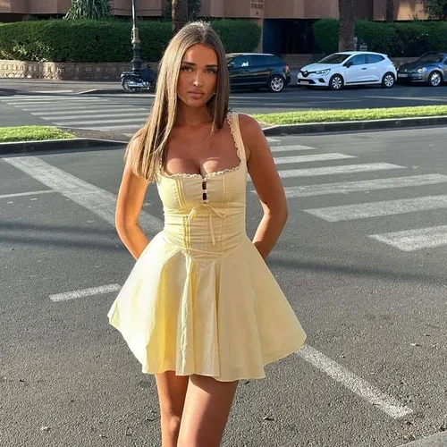 Imagen 1 del producto YENKYE nuevo 2025 mujeres azul elegante fiesta Mini vestidos Sexy sin mangas de cintura baja A-line vestido de verano con cordones en la espalda bata