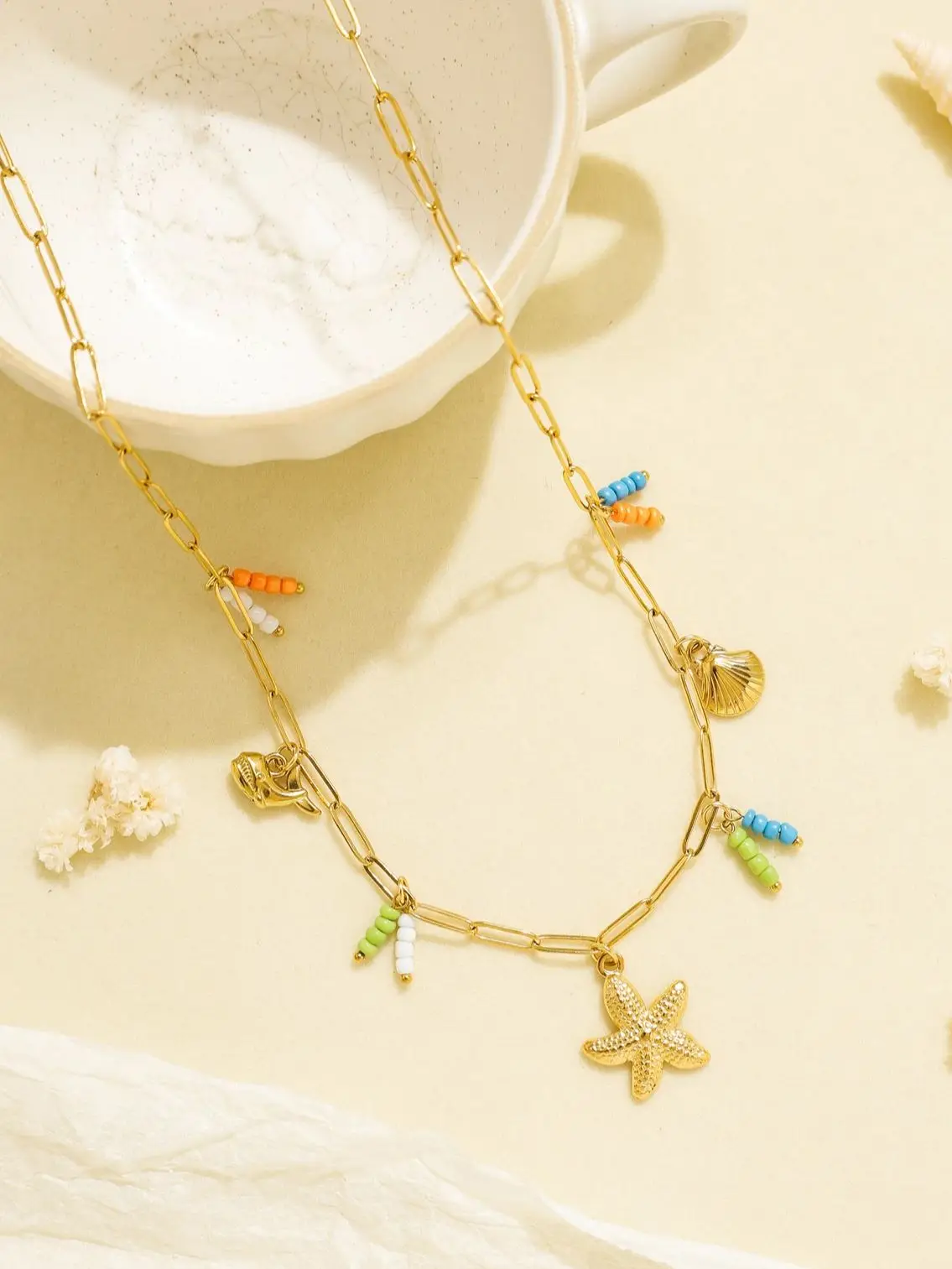 

Bohemian Style Colorful Rice Beads Beaded Starfish Conch Shell Pendant Chain Necklace Gold Plated Women's Party Waterproof Gift