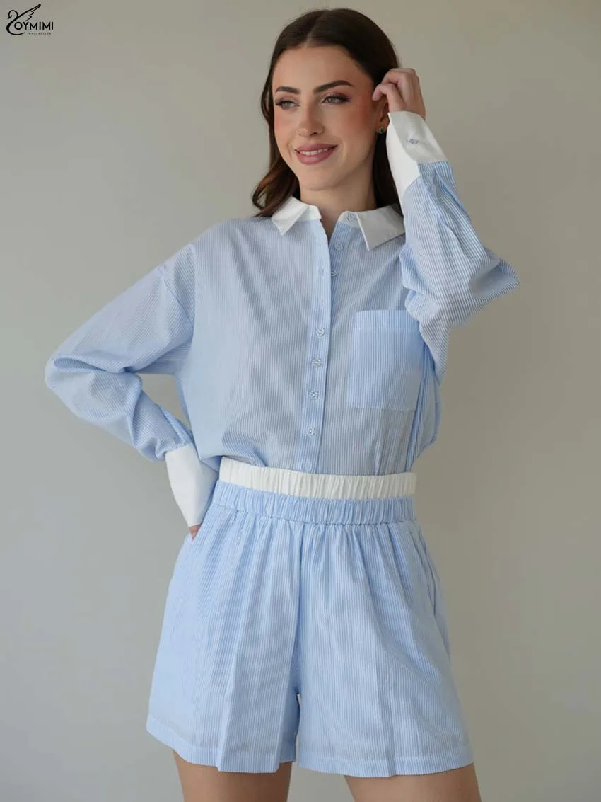 

Oymimi Fashion Blue Patchwork Women's Two Pieces Set Elegant Long Sleeve Pockets Button Shirts And High Waist Shorts Female Sets