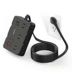 Surge Protector with 6 Widely Outlets Extender 4 USB Ports, 5ft Power Strip Ultra Thin Flat Plug, Power Adapter for Home Office