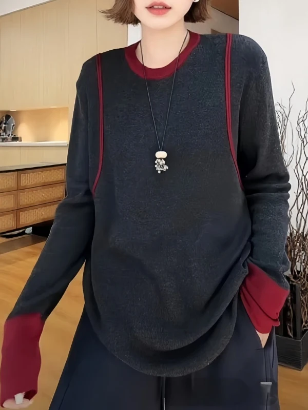 

Свободный вязаный свитер с длинными рукавами и круглым вырезом для женщин больших размеров, осенне-зимний, новый, с цветовыми блоками, стройнящий, женский