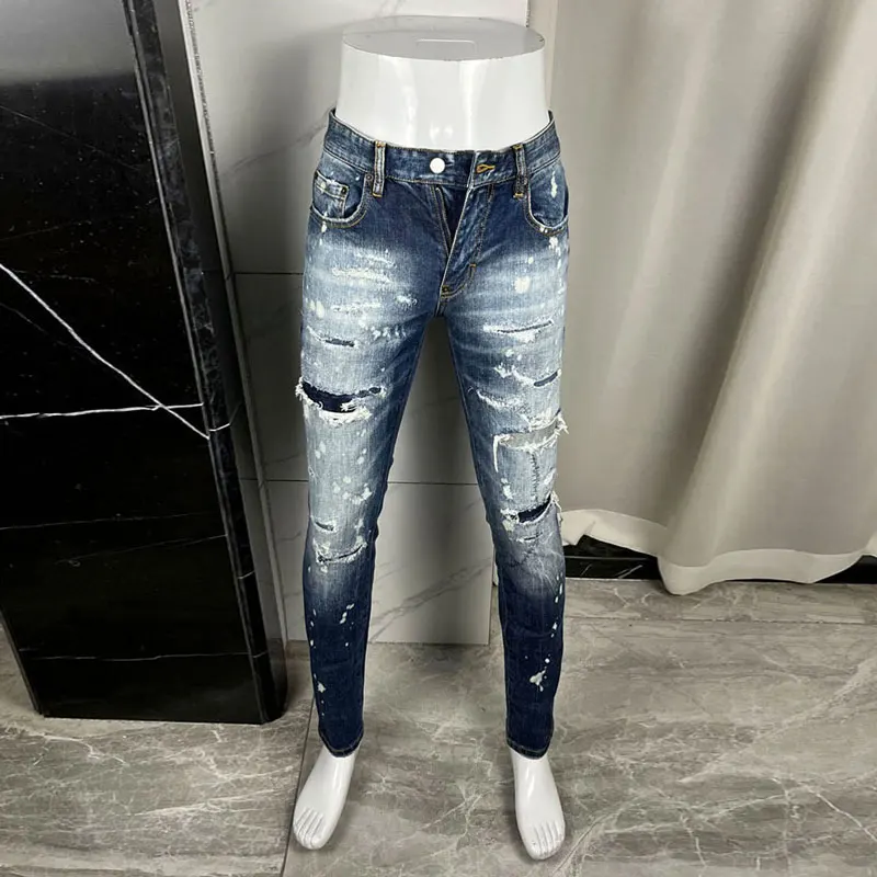 High Street Fashion Men Jeans Retro Blue Stretch Skinny Fit Painted Ripped Jeans Men Patched Designer Hip Hop Brand Denim Pants