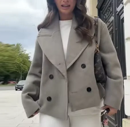 

Minimalist Solid Woolen Blazer Coat Oversized Relaxed Fit Double Button Shoulder Loose Cropped Women Commute Outer Jacket 260602
